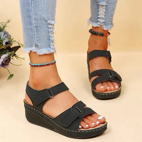 Women's Open Toe Wedge Sandals – Dual Hook Loop Strap Casual Platform