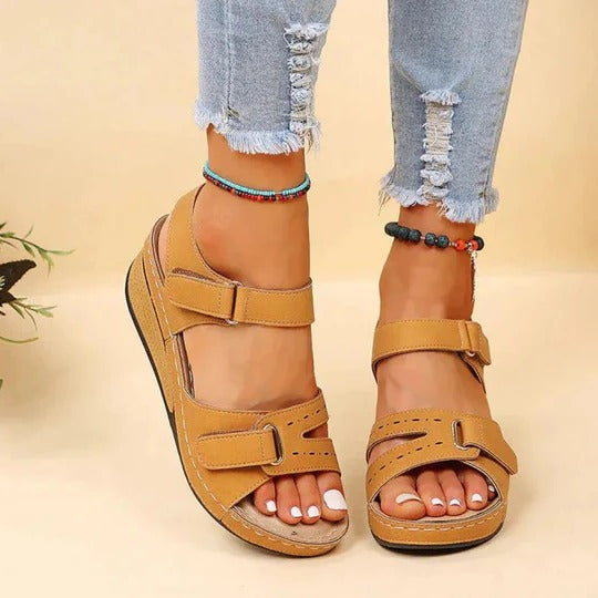 Women's Open Toe Wedge Sandals – Dual Hook Loop Strap Casual Platform