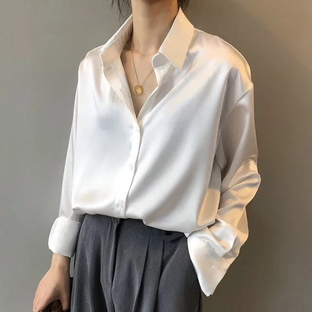 Women's Oversized Button Down Shirt – Point Collar Long Sleeve Casual