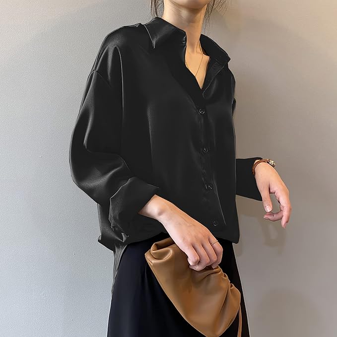 Women's Oversized Button Down Shirt – Point Collar Long Sleeve Casual