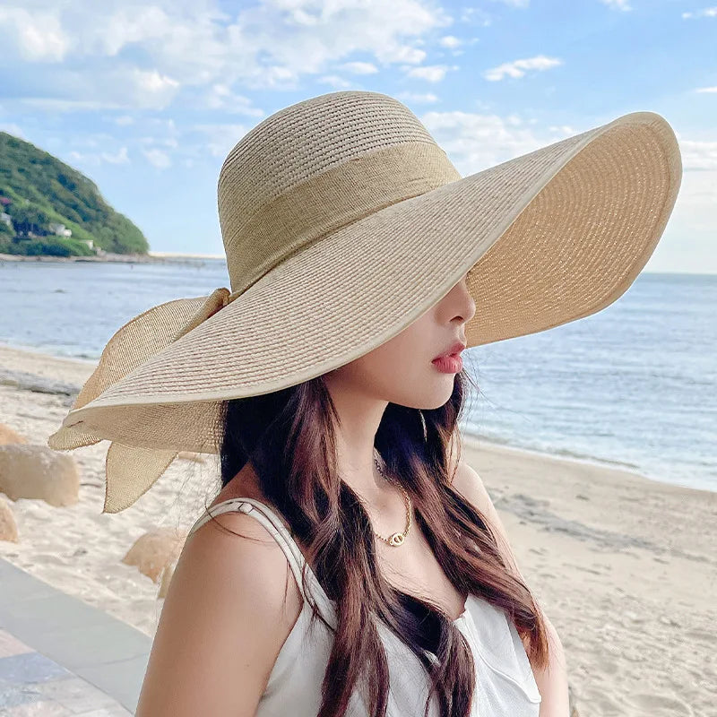 Women's Oversized Straw Beach Hat – Wide Brim Ribbon Bow Summer