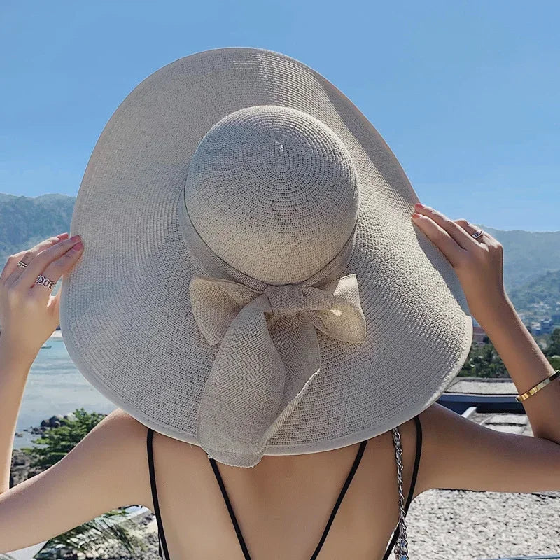 Women's Oversized Straw Beach Hat – Wide Brim Ribbon Bow Summer