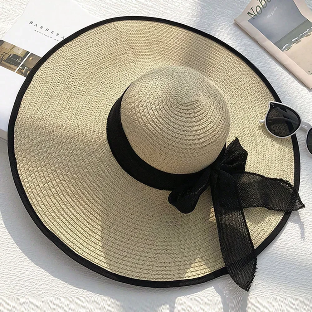 Women's Oversized Straw Beach Hat – Wide Brim Ribbon Bow Summer