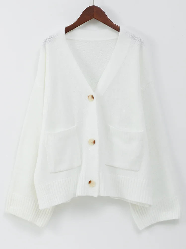 Women's Oversized V-Neck Cardigan – Button Front Patch Pocket Knit Sweater