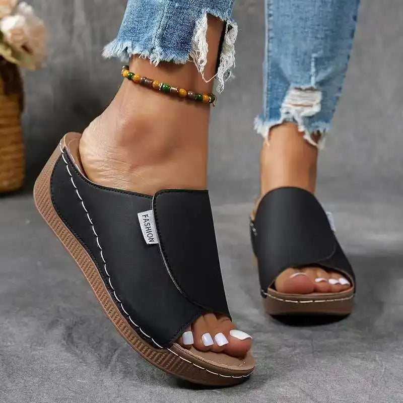 Women's Peep Toe Wedge Slide Sandals – Wide Band Slip On Casual Summer