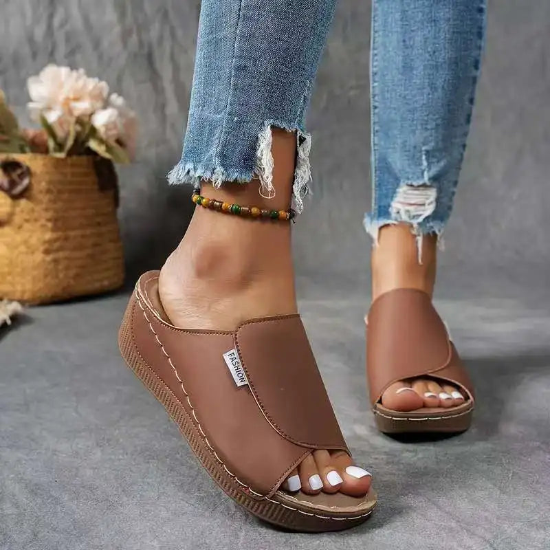 Women's Peep Toe Wedge Slide Sandals – Wide Band Slip On Casual Summer