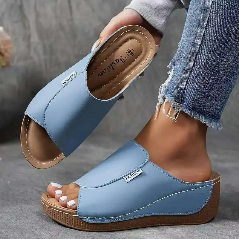 Women's Peep Toe Wedge Slide Sandals – Wide Band Slip On Casual Summer