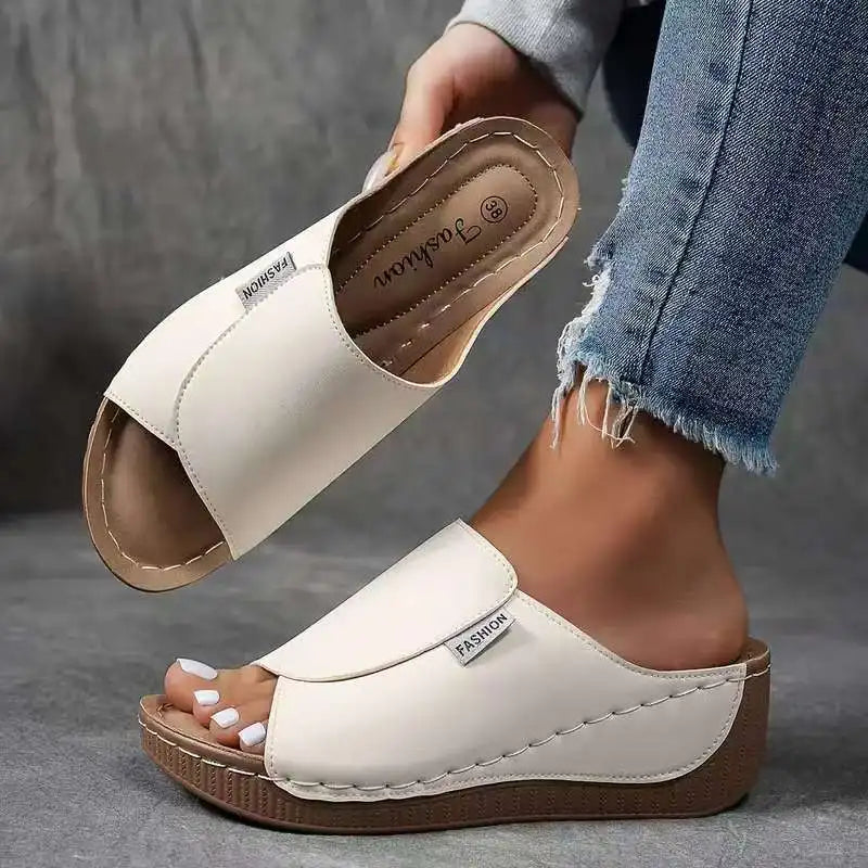 Women's Peep Toe Wedge Slide Sandals – Wide Band Slip On Casual Summer