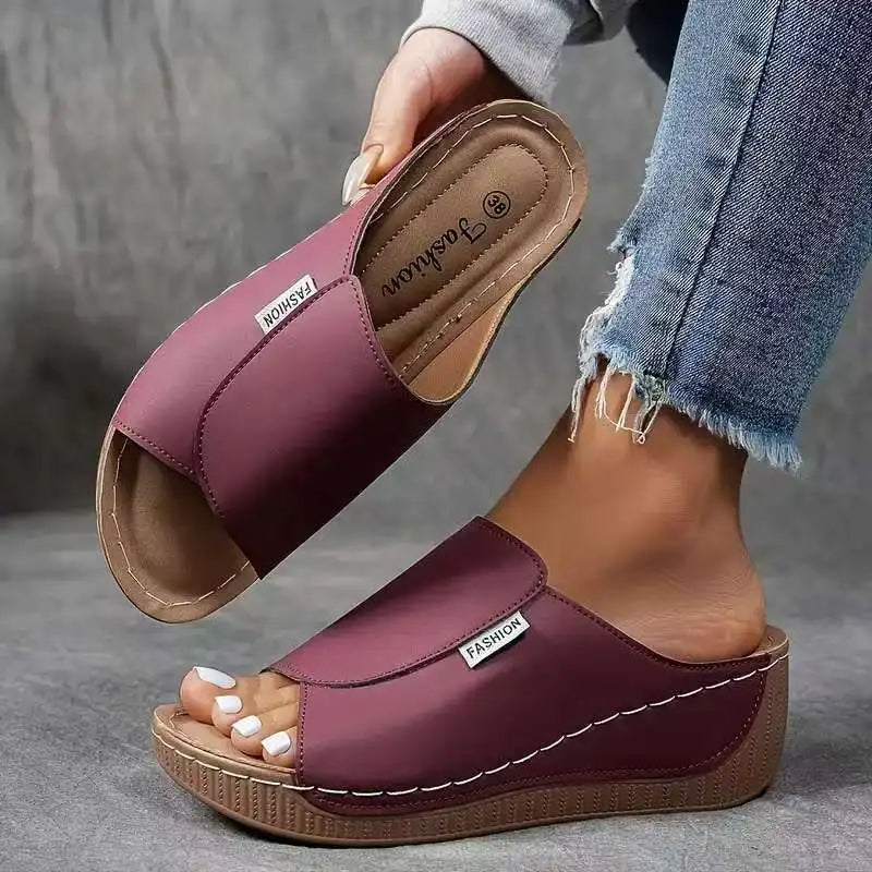 Women's Peep Toe Wedge Slide Sandals – Wide Band Slip On Casual Summer