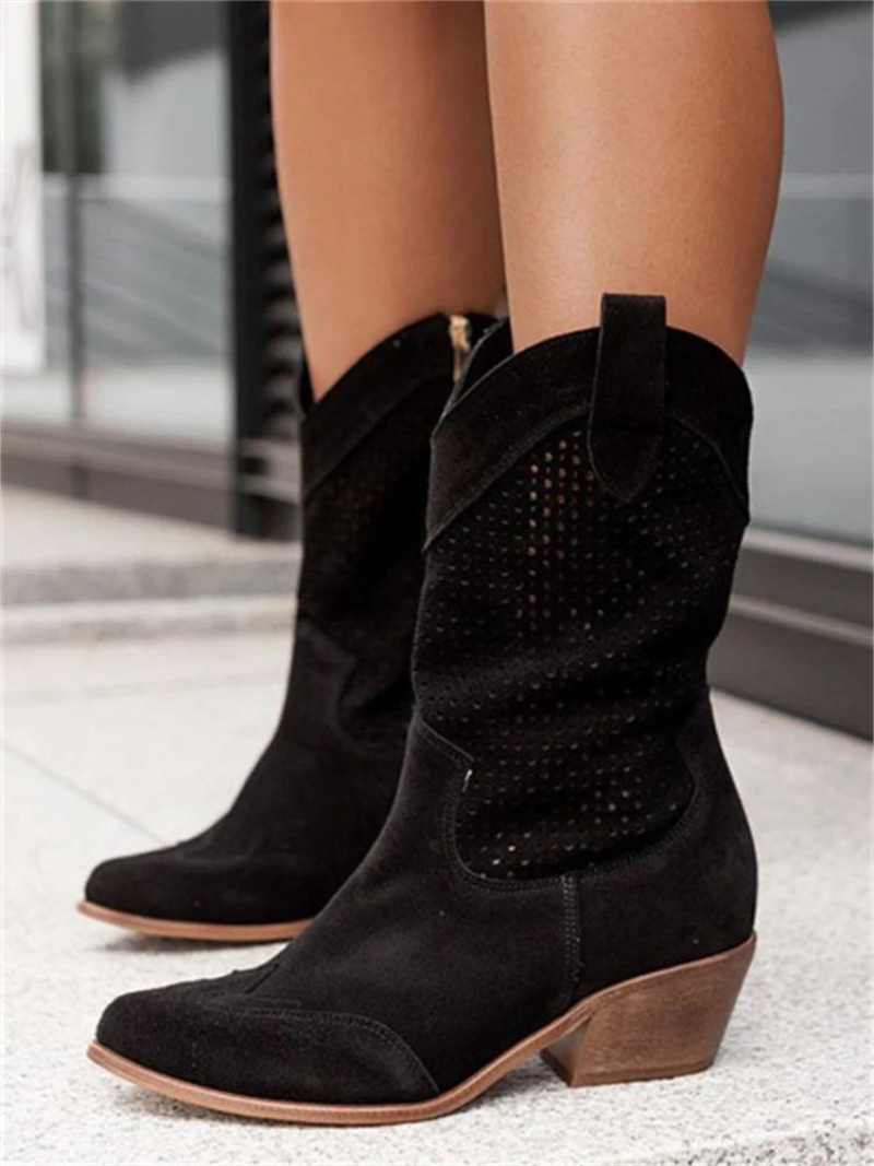 Women's Perforated Western Mid-Calf Boots – Block Heel Zip Casual
