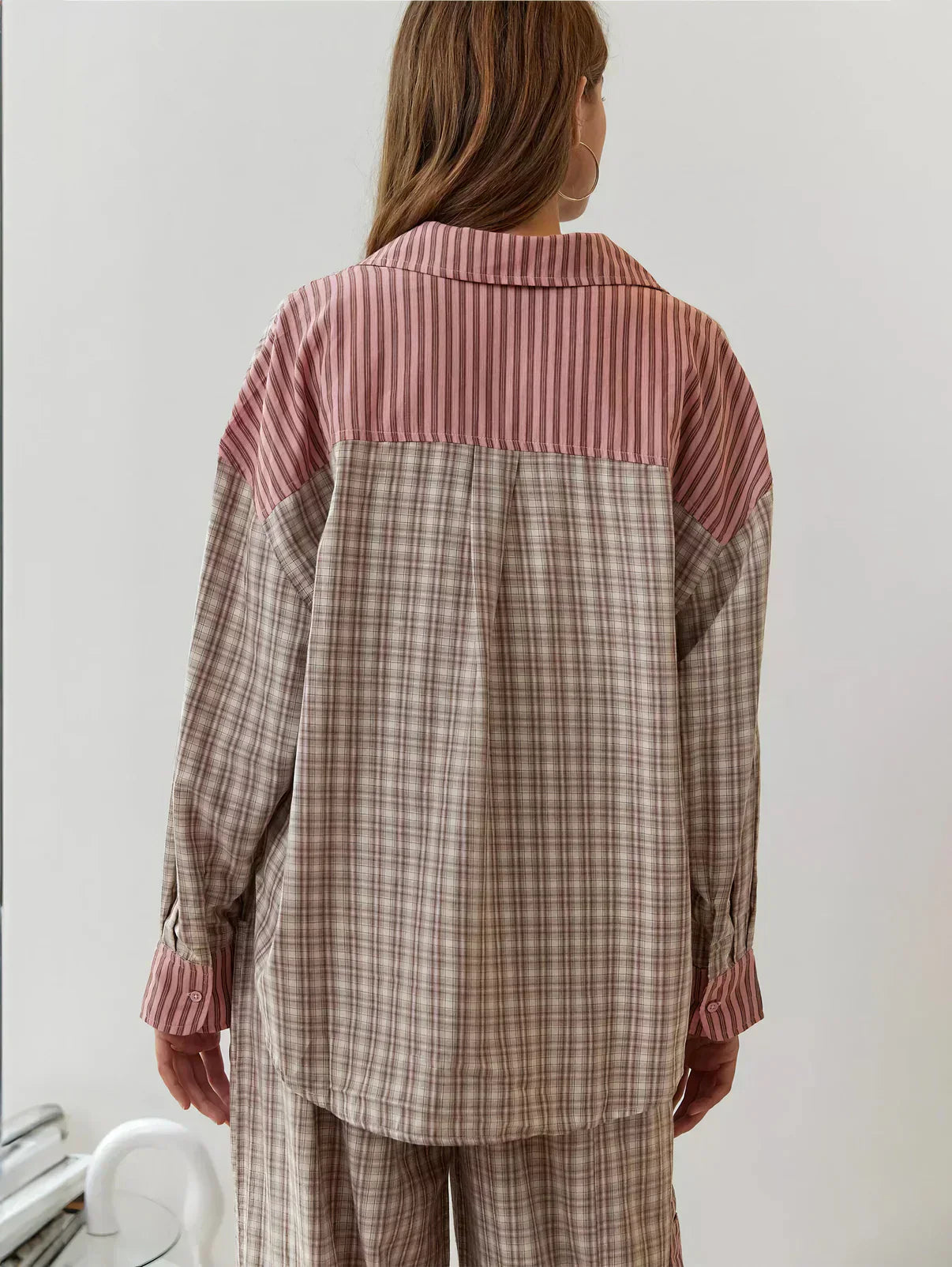 Women's Plaid Stripe Two Piece Pajama Set – Mixed Print Button Front Nightwear