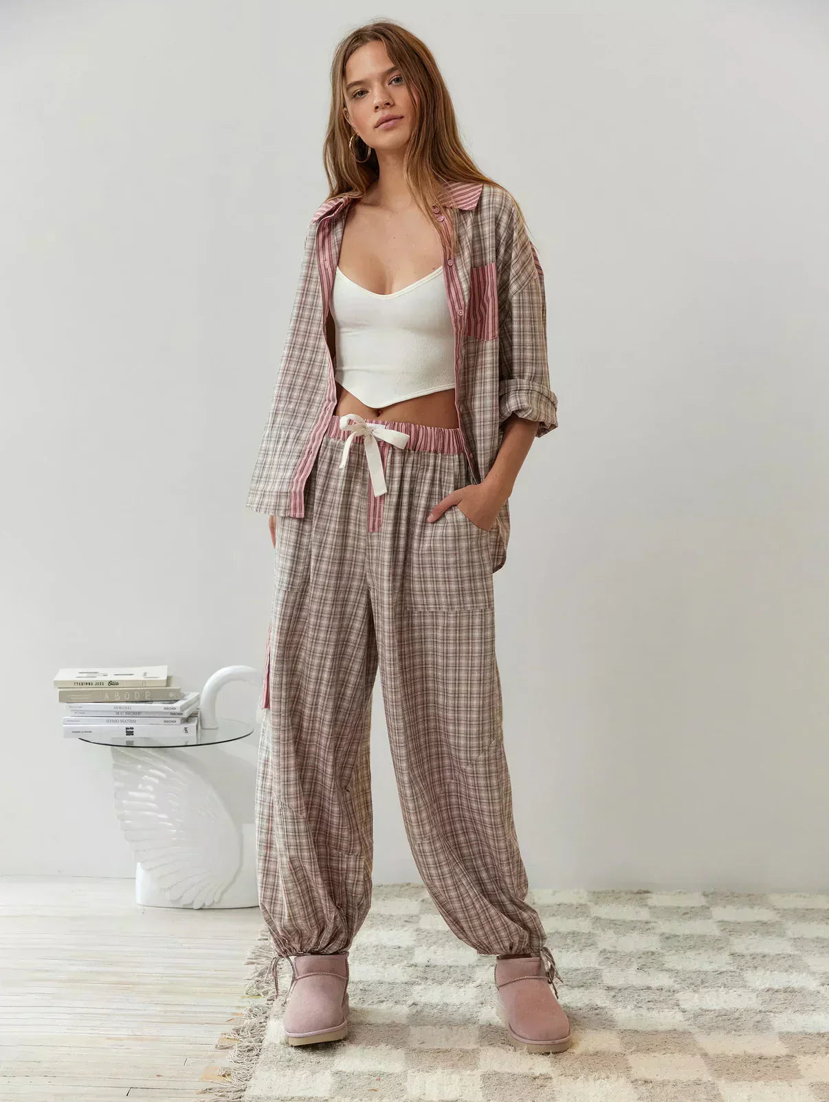 Women's Plaid Stripe Two Piece Pajama Set – Mixed Print Button Front Nightwear