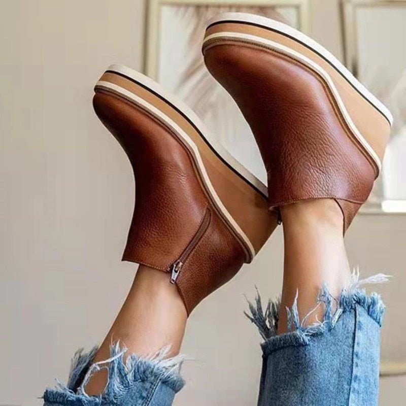 Women's Platform Ankle Boots – Round Toe Wedge Heel Striped Sole Casual
