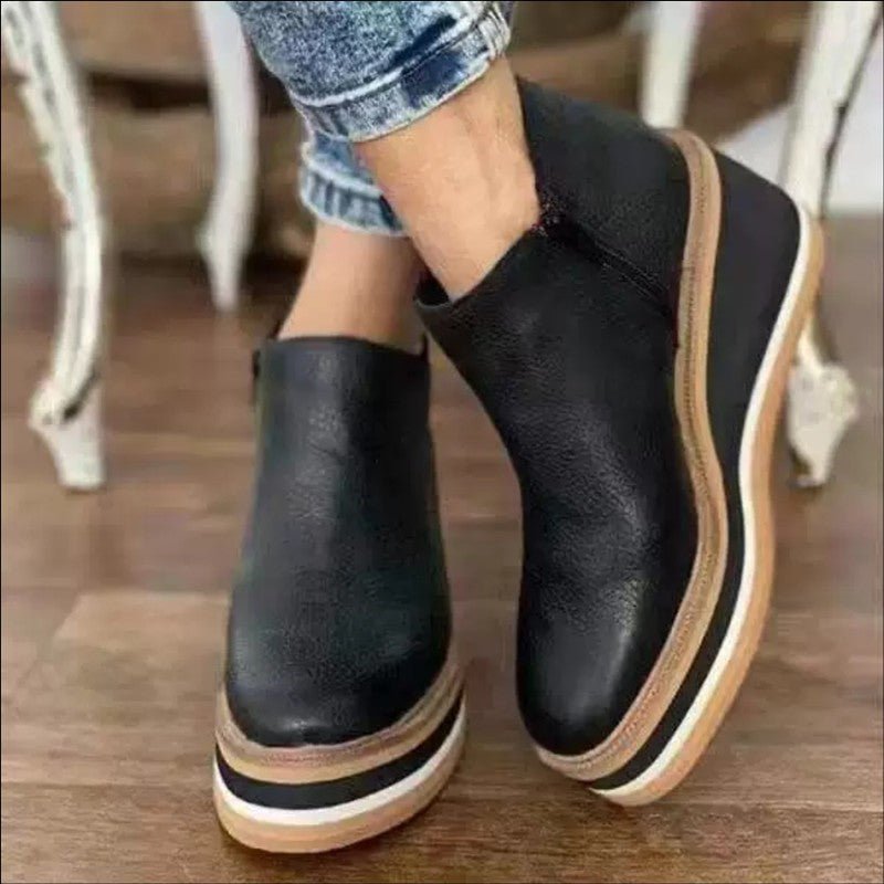 Women's Platform Ankle Boots – Round Toe Wedge Heel Striped Sole Casual