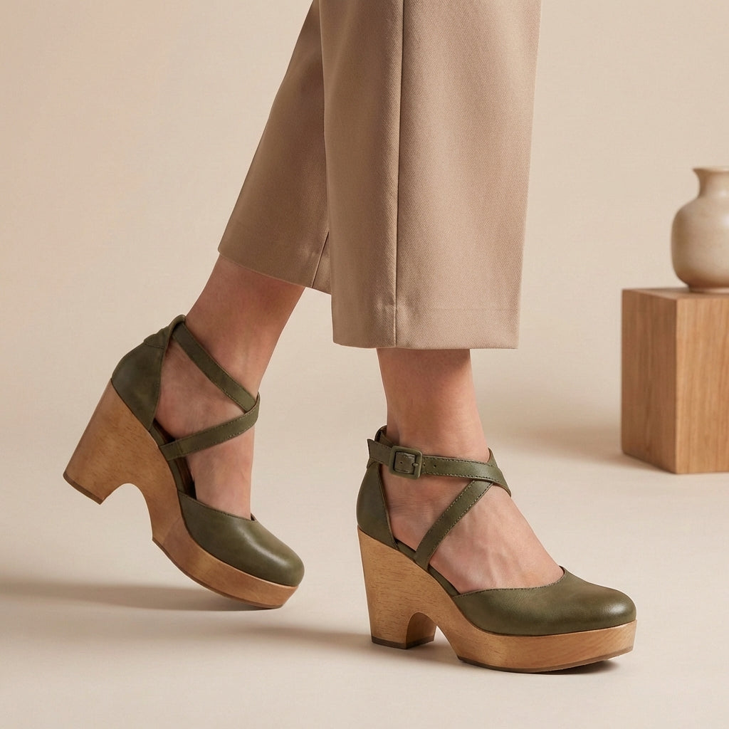 Women's Platform Block Heel Shoes – Cross Ankle Strap Buckle Closed Toe