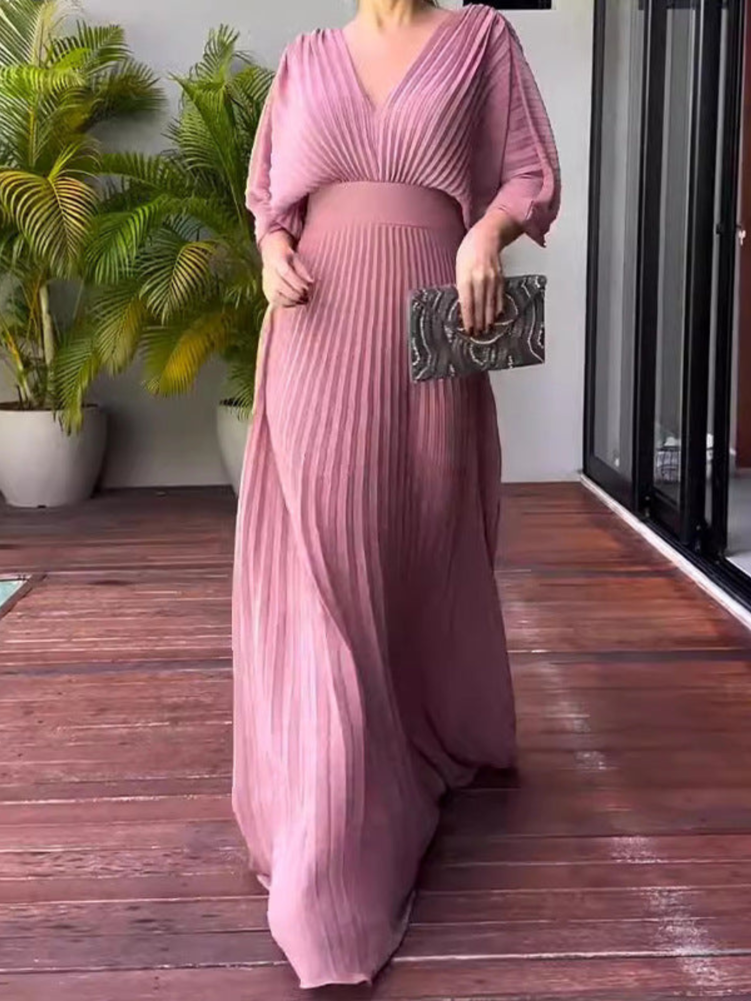 Women's Pleated Batwing Long Sleeve Maxi – V Neck Wedding Guest Dress