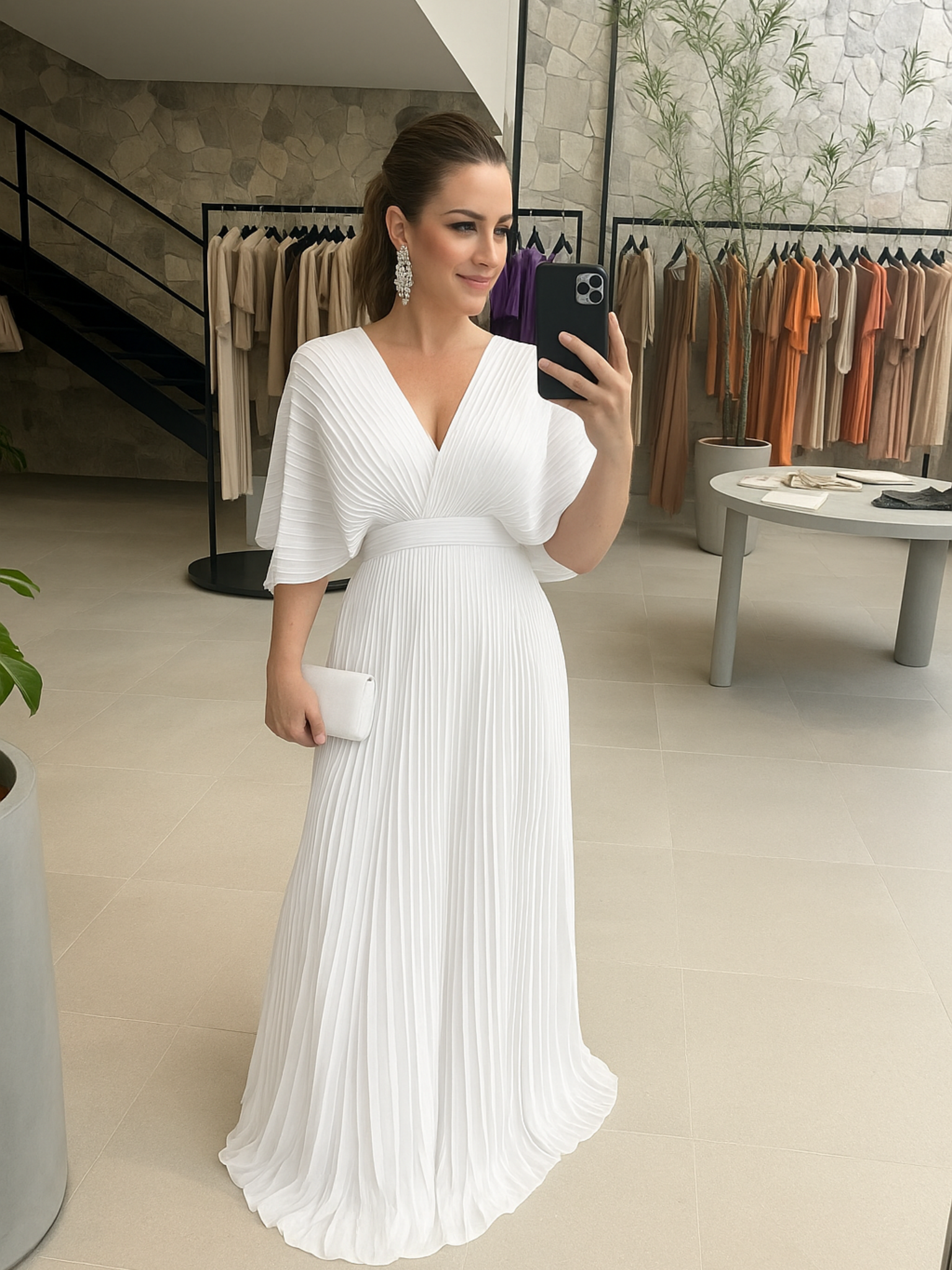 Women's Pleated Batwing Long Sleeve Maxi – V Neck Wedding Guest Dress