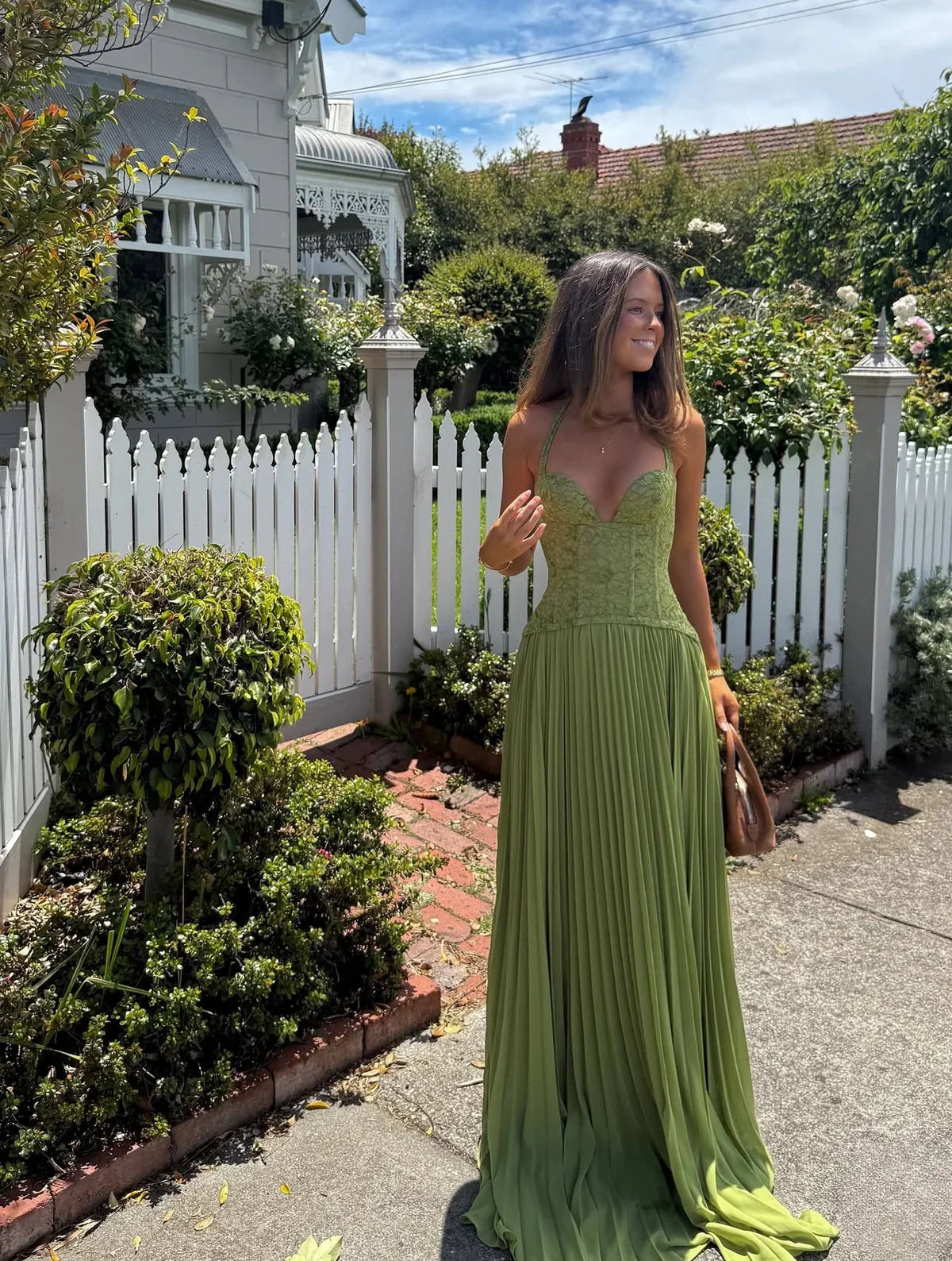 Women's Pleated Corset Maxi – Halter Lace Bodice Wedding Guest Dress