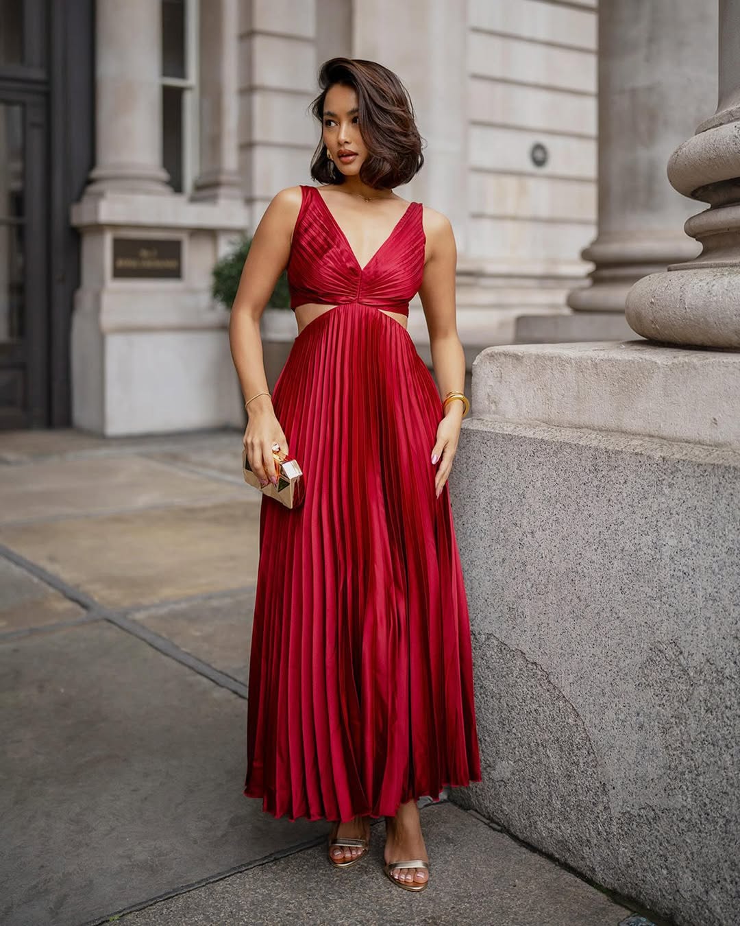 Women's Pleated Cut Out Midi Dress – V Neck Ruched Front Wedding Guest