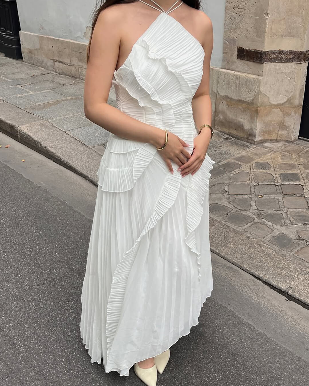 Women's Pleated Halter Maxi – Cascading Ruffle Front Slit Wedding Guest Dress
