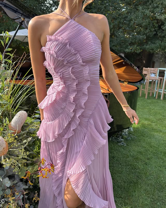 Women's Pleated Halter Maxi – Cascading Ruffle Front Slit Wedding Guest Dress