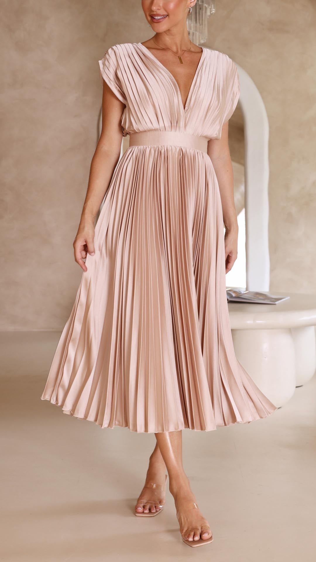 Women's Pleated V Neck Cap Sleeve Midi – Fitted Waist Wedding Guest Dress