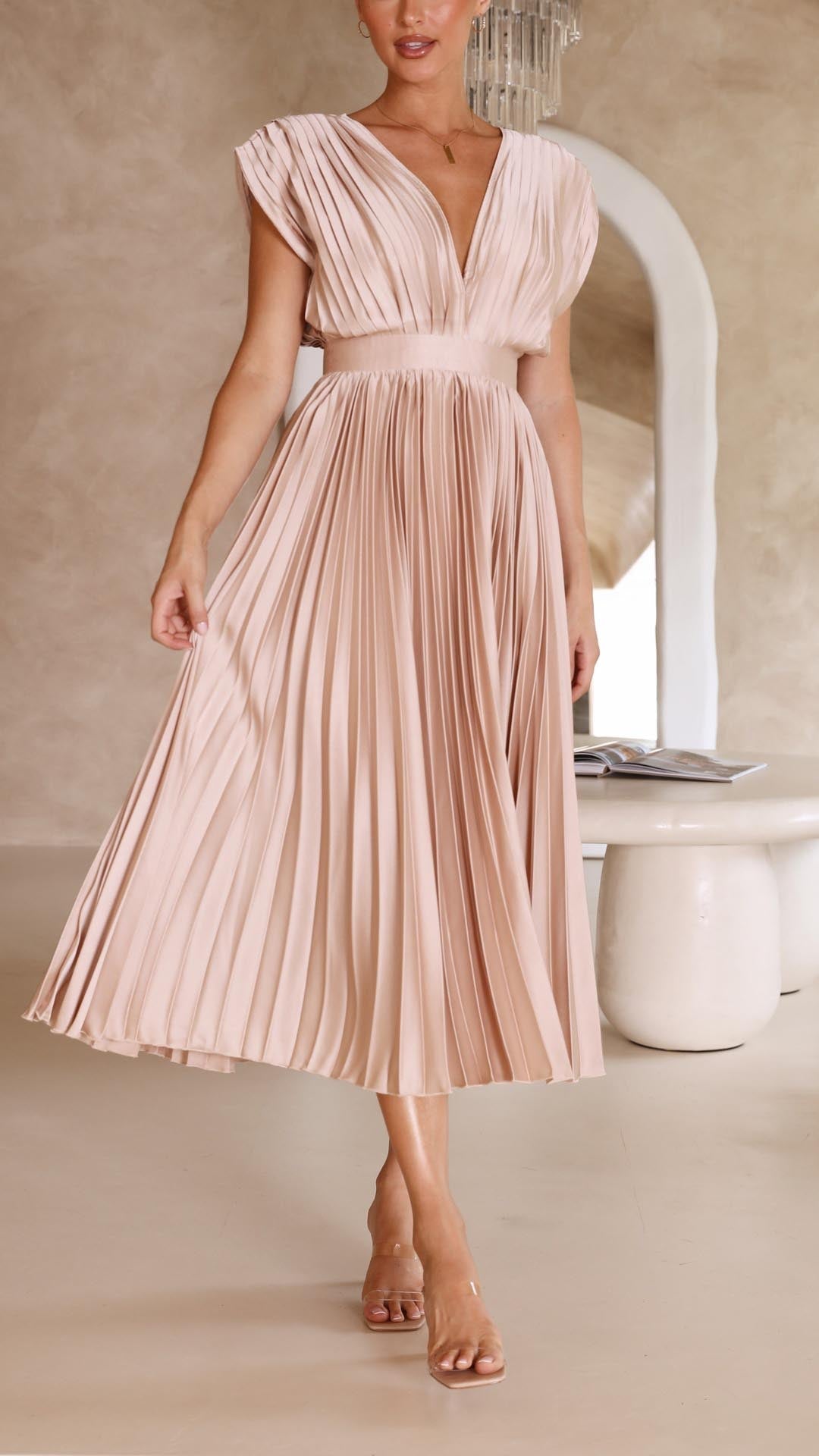 Women's Pleated V Neck Cap Sleeve Midi – Fitted Waist Wedding Guest Dress