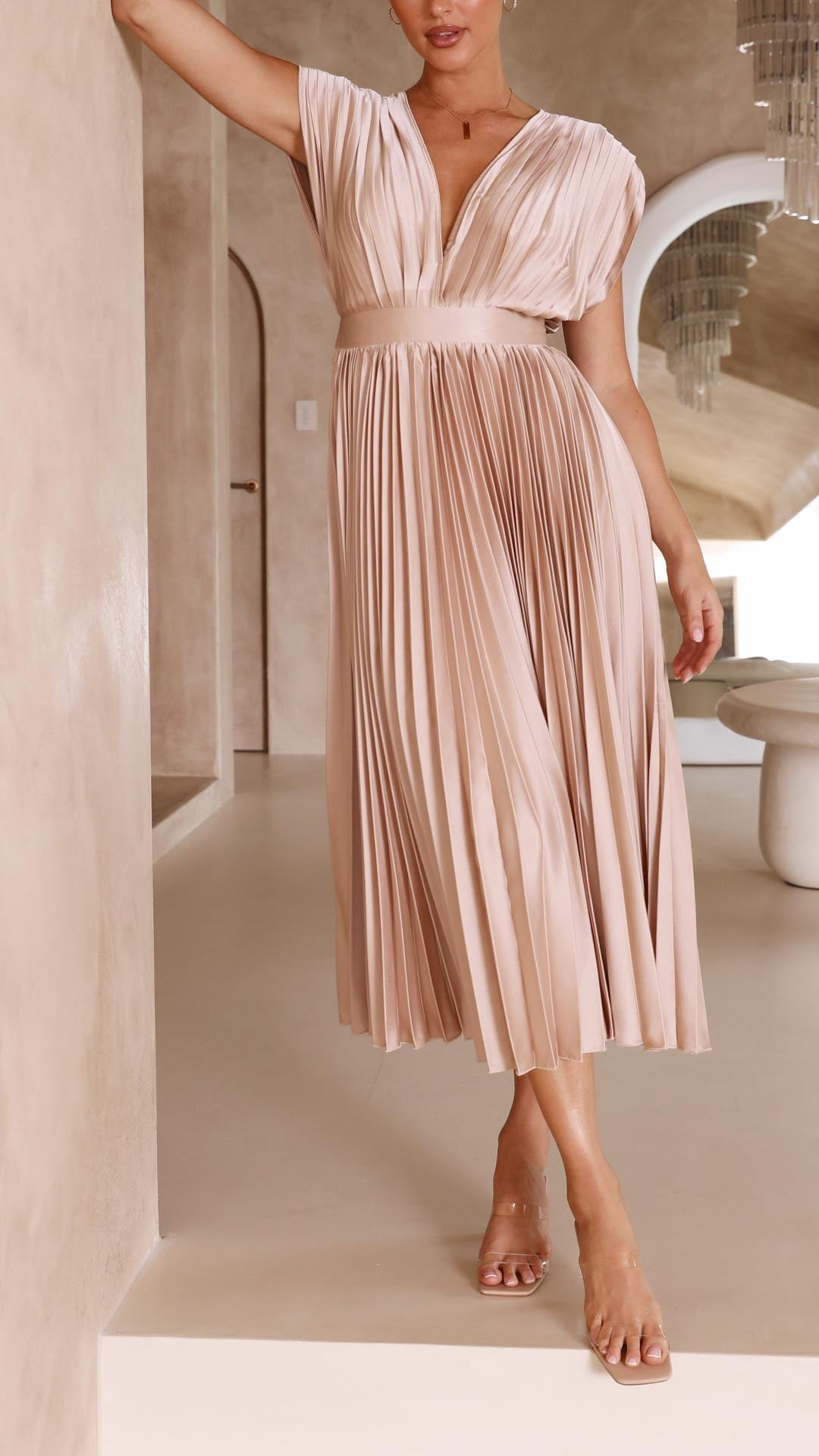 Women's Pleated V Neck Cap Sleeve Midi – Fitted Waist Wedding Guest Dress