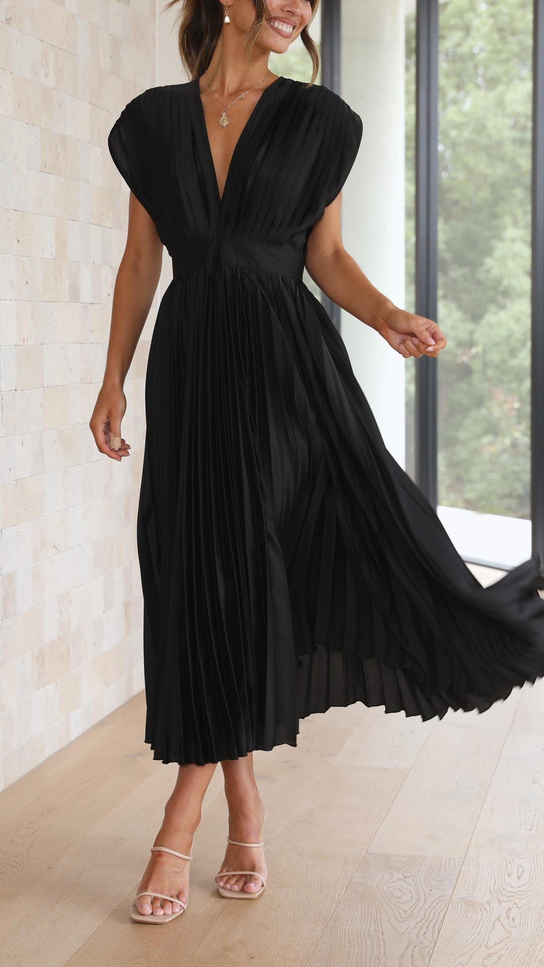 Women's Pleated V Neck Cap Sleeve Midi – Fitted Waist Wedding Guest Dress