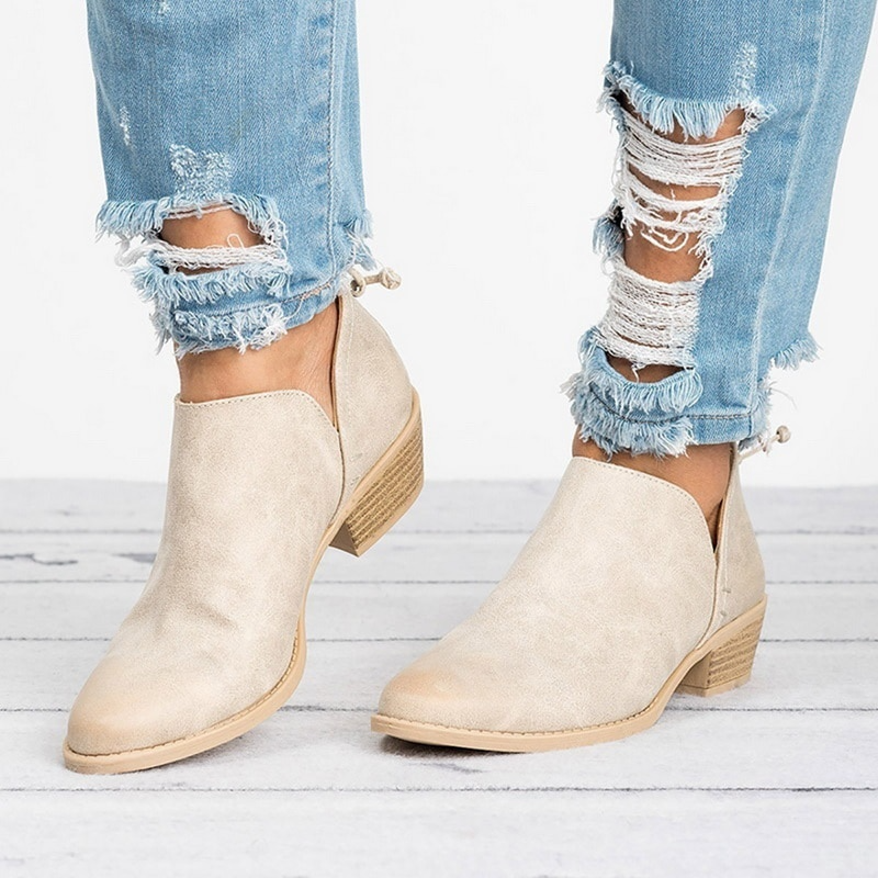 Women's Pointed Toe Ankle Boots – Back Zip Low Block Heel V-Cut Casual