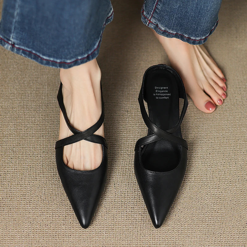 Women's Pointed Toe Mule Shoes – Cross Strap Cutout Low Heel Casual