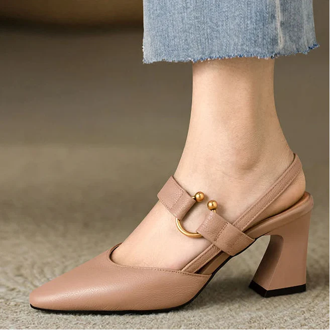 Women's Pointed Toe Slingback Pumps – Mary Jane Block Heel Ring Office