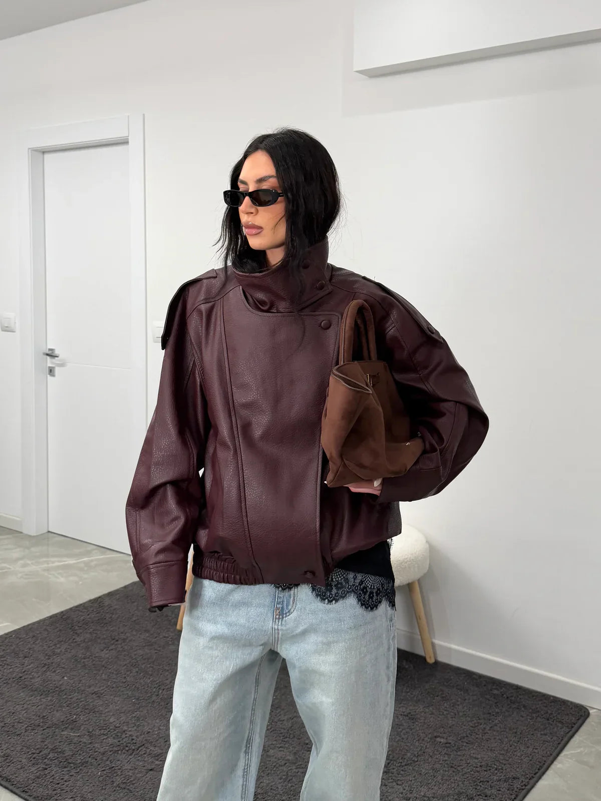 Women's PU Oversized Jacket – High Neck Zip Front Moto Street Style
