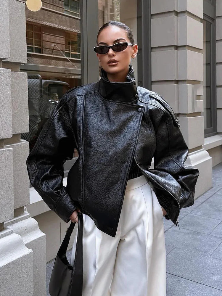Women's PU Oversized Jacket – High Neck Zip Front Moto Street Style