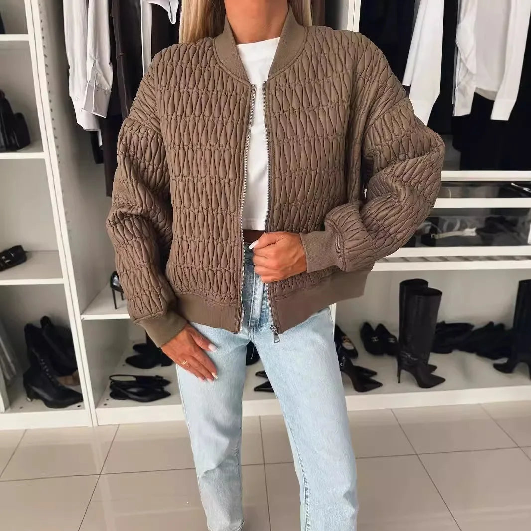 Women's Quilted Bomber Jacket – Zip Front Ribbed Collar Long Sleeve Casual