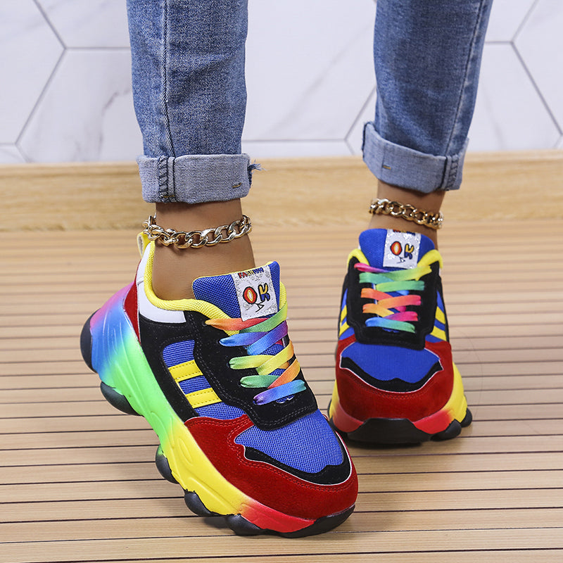 Women's Rainbow Colorblock Chunky Sneakers – Lace Up Platform Low Top Casual