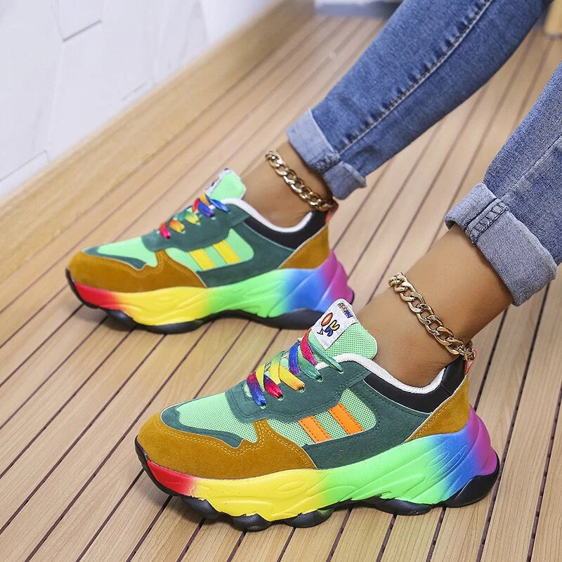 Women's Rainbow Colorblock Chunky Sneakers – Lace Up Platform Low Top Casual