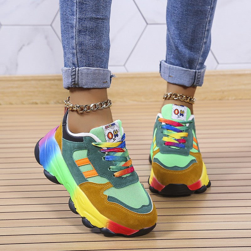 Women's Rainbow Colorblock Chunky Sneakers – Lace Up Platform Low Top Casual