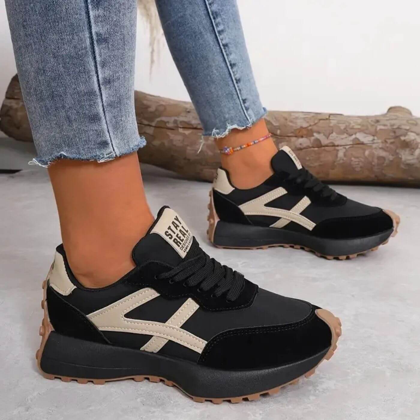 Women's Retro Colorblock Sneakers – Lace Up Chunky Platform Low Top