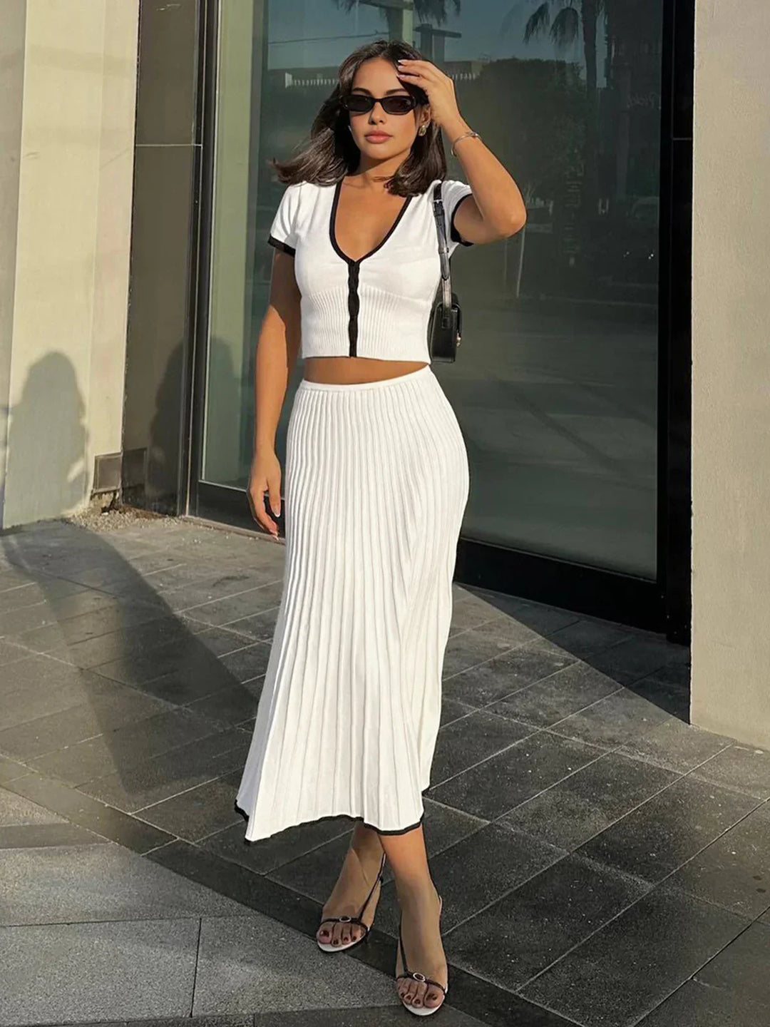 Women's Ribbed 2 Piece Set – V Neck Crop Top Pleated Midi Skirt Contrast Trim