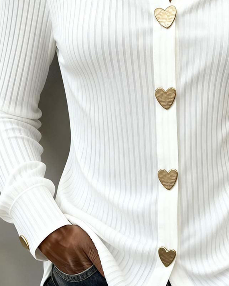 Women's Ribbed Heart Button Down Shirt – Pointed Collar Long Sleeve Casual