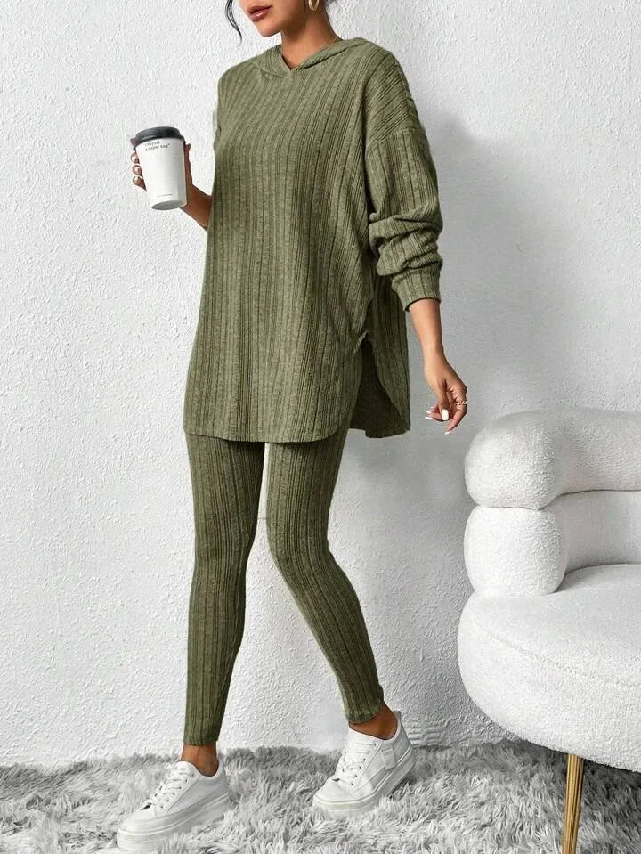 Women's Ribbed Knit 2 Piece Lounge Set – Hoodie Long Sleeve Leggings Casual