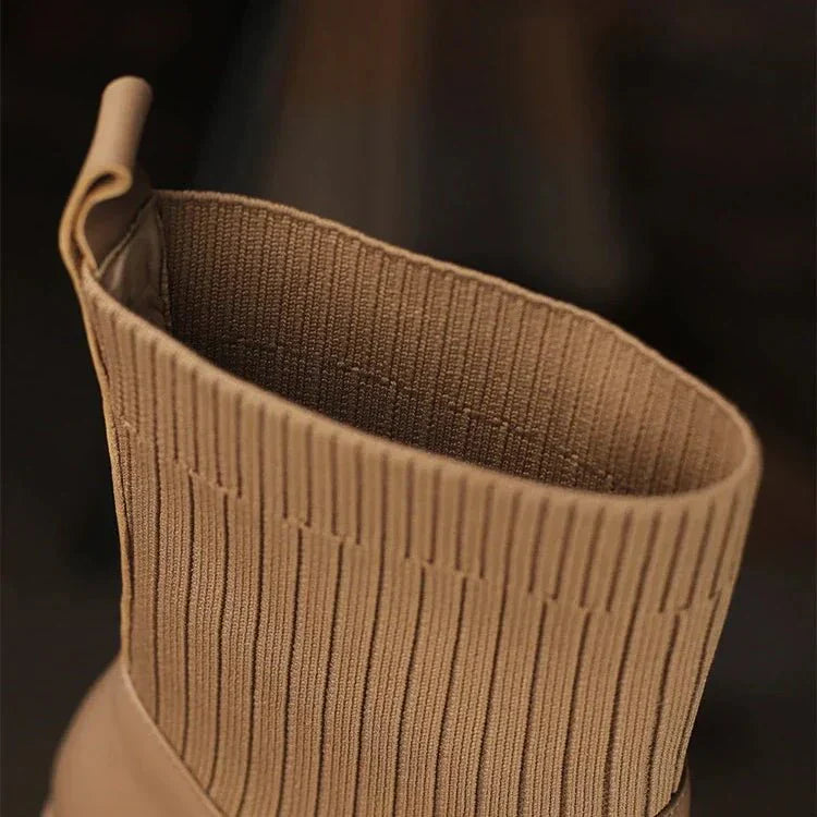 Women's Ribbed Knit Sock Ankle Boots – Square Toe Block Heel Slip On