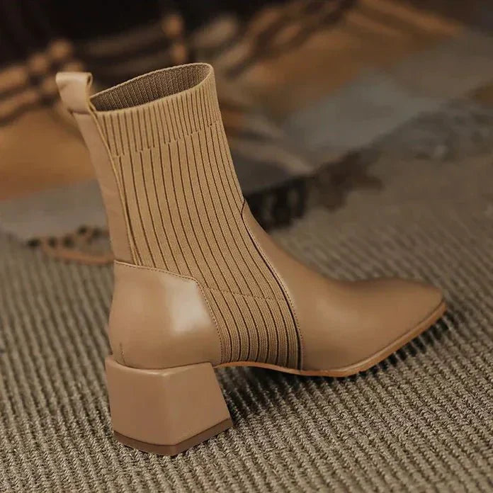 Women's Ribbed Knit Sock Ankle Boots – Square Toe Block Heel Slip On