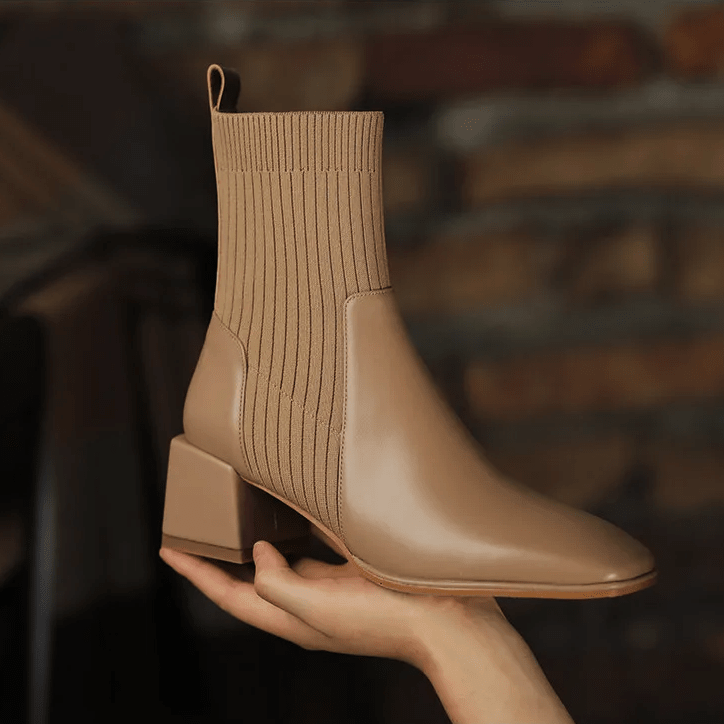 Women's Ribbed Knit Sock Ankle Boots – Square Toe Block Heel Slip On
