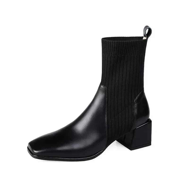 Women's Ribbed Knit Sock Ankle Boots – Square Toe Block Heel Slip On