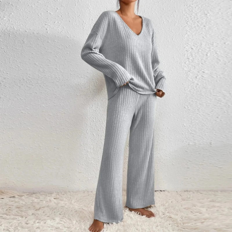 Women's Ribbed Knit Two Piece Lounge Set – V Neck Long Sleeve Loungewear