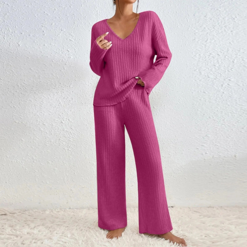 Women's Ribbed Knit Two Piece Lounge Set – V Neck Long Sleeve Loungewear