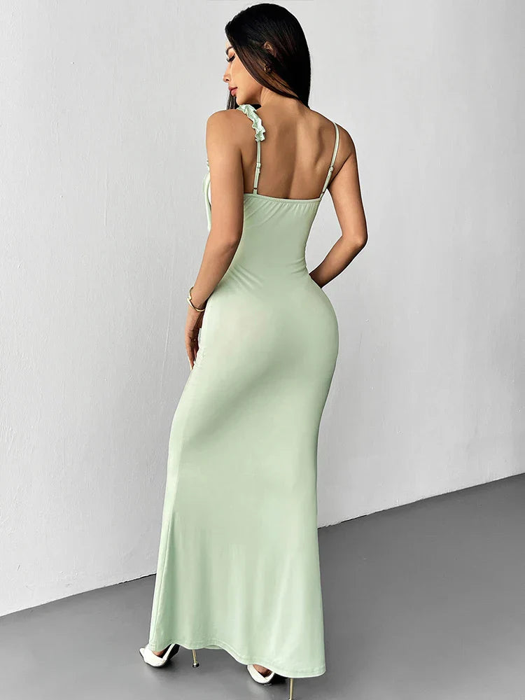 Women's Ruffle Strap Maxi Dress – 3D Rose Sleeveless Mermaid Wedding Guest