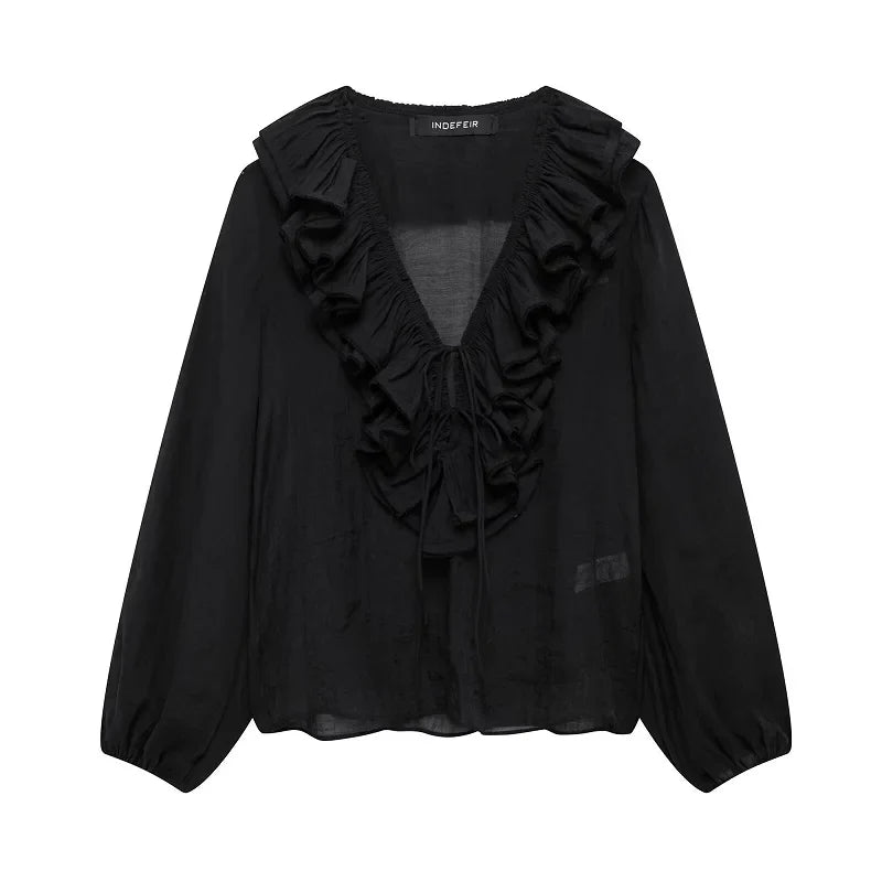 Women's Ruffle Tie Front Blouse – Deep V Neck Puff Sleeve Sheer Casual